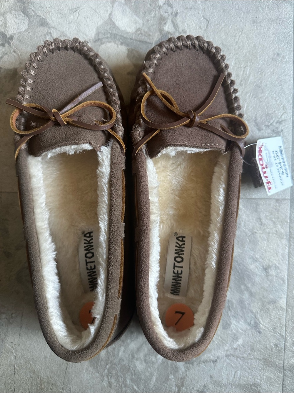 Minnetonka Brown Suede Moccasin Slippers with Faux-Fur Lining